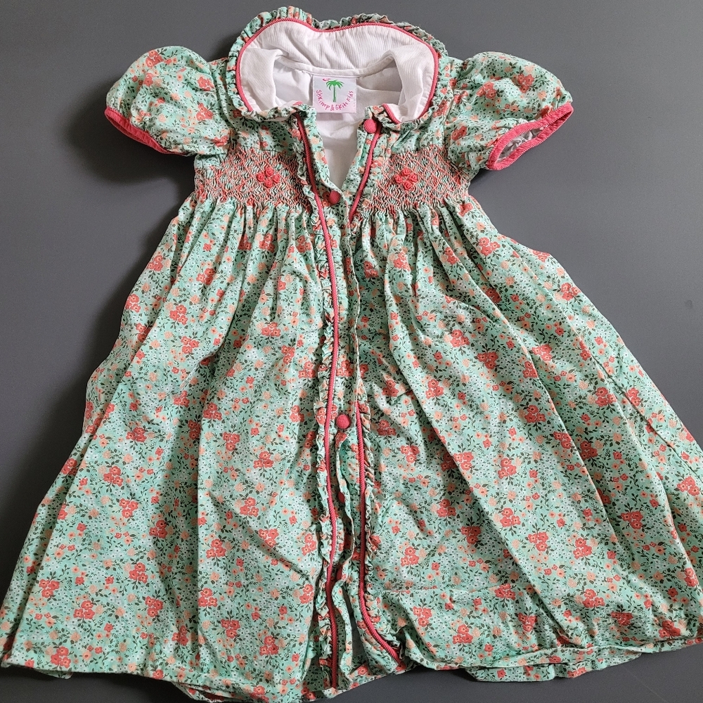 Shrimp & Grits Kids Green Red Floral Print Hand-smocked Piper Dress 4T